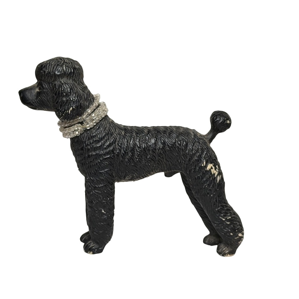 Vintage Funrise 1988 Black Poodle Dog Figurine Toy with Beaded Collar 3.5 Inch